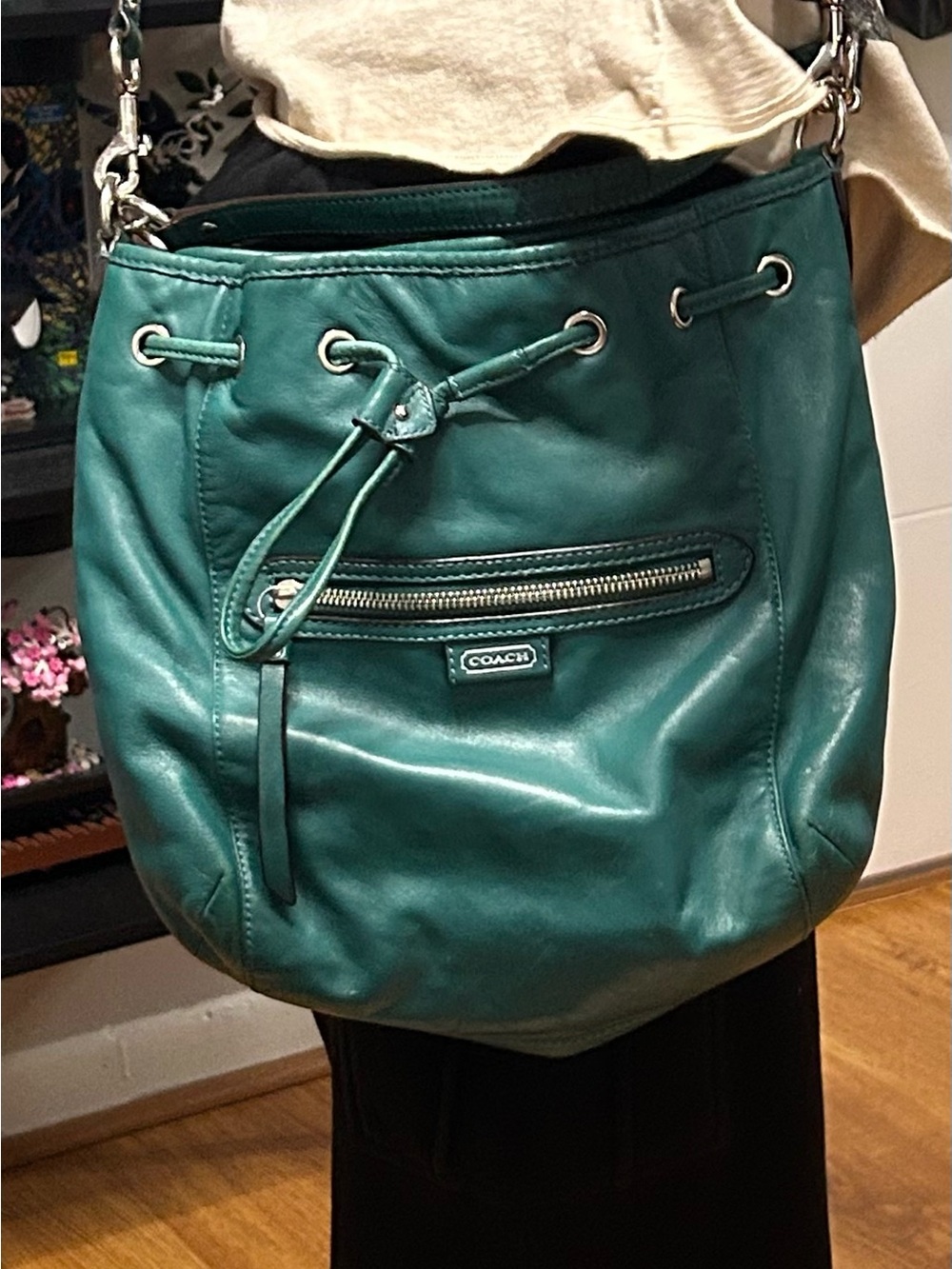 Vintage Coach Teal Green Leather Drawstring Shoulder Bag